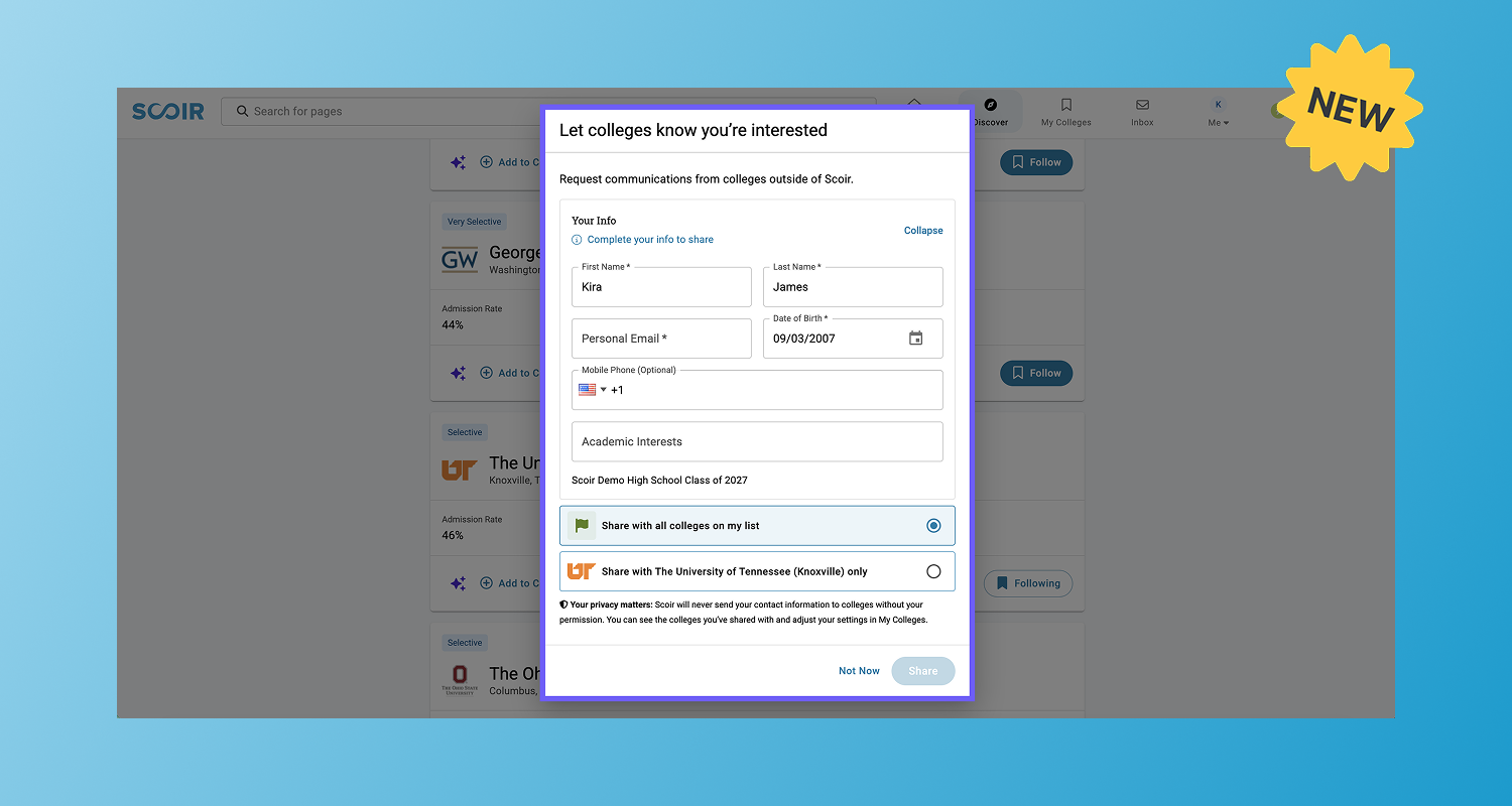 For Students: Option to Share Interest with Colleges