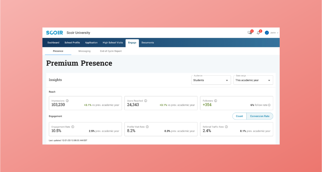 For Colleges: Premium Presence Performance & Content Management Improvements - illustration of Premium Presence updates in Scoir for colleges