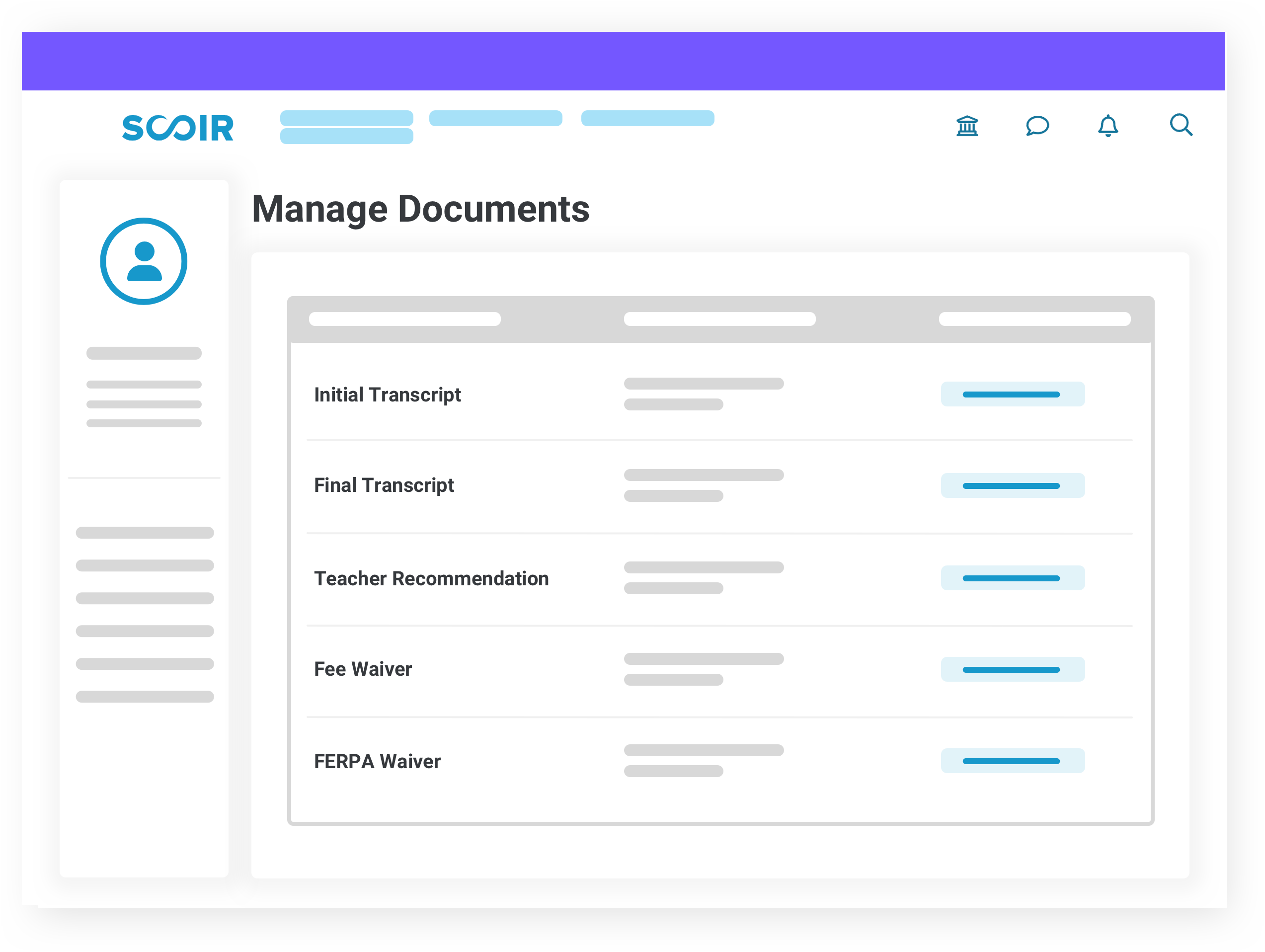 illustration of Manage Documents view in Scoir, with initiatl transcript, final transcript, teacher recommendation, fee waiver, and FERPA waiver options