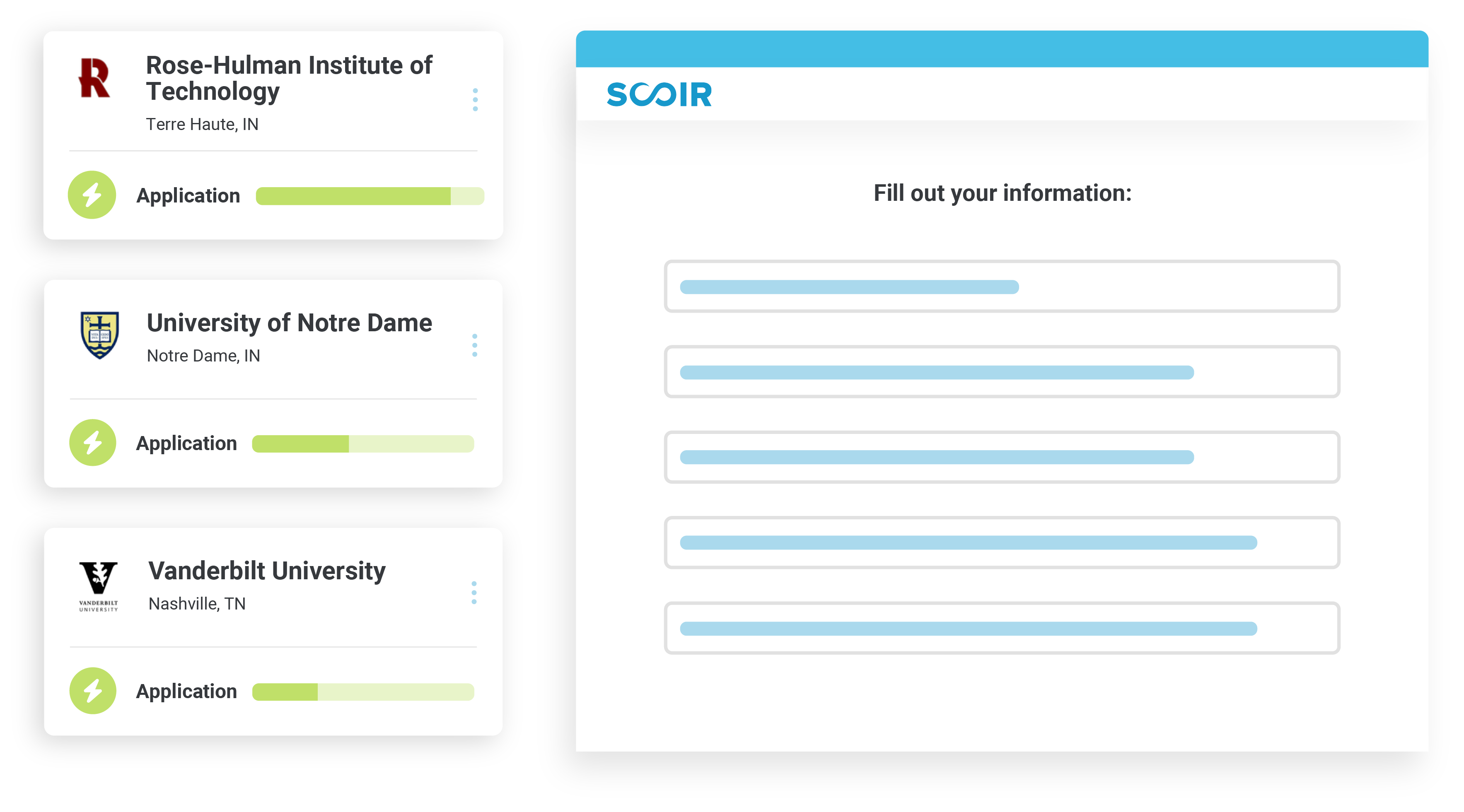 illustration of apply with Scoir with colleges on the lefthand side and progress bars on the right