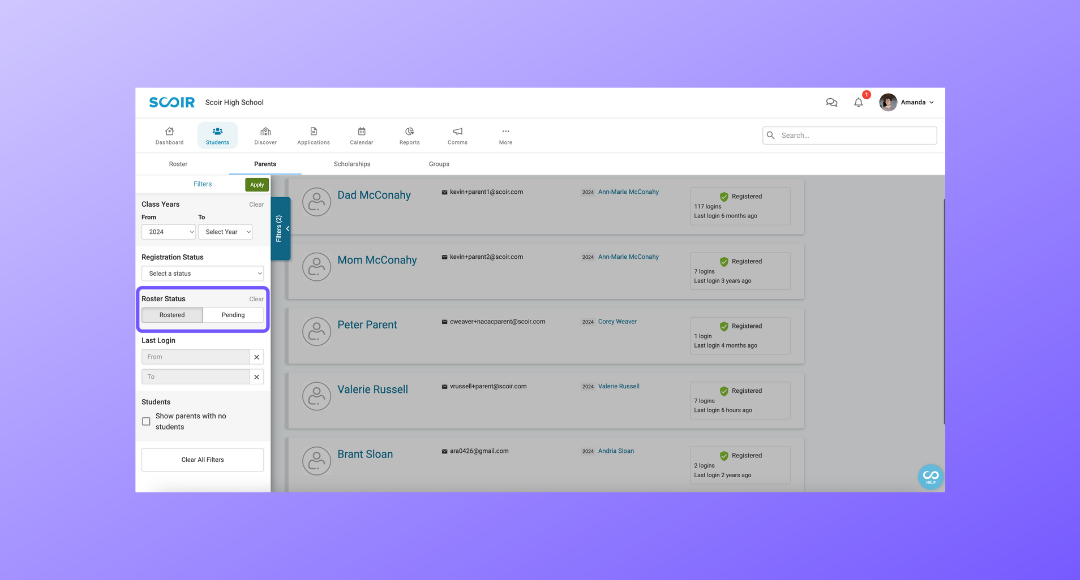 For Counselors: Better Visibility & Filtering in the Parent Roster - illustration of the parent roster in Scoir for counselors