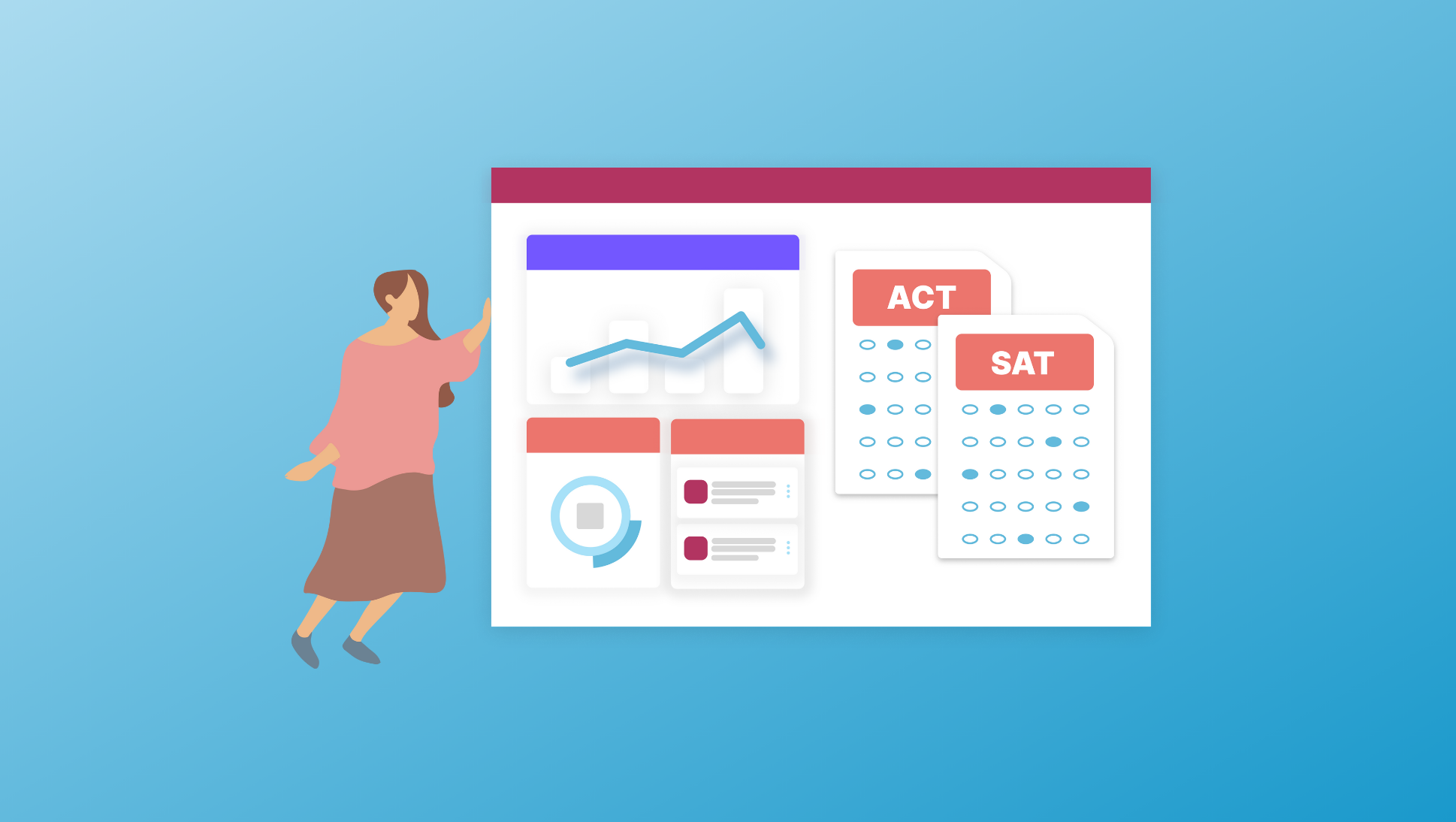SAT and ACT Resource Guide: From Free Prep to Private Tutoring - illustration of person looking at ACT and SAT study materials
