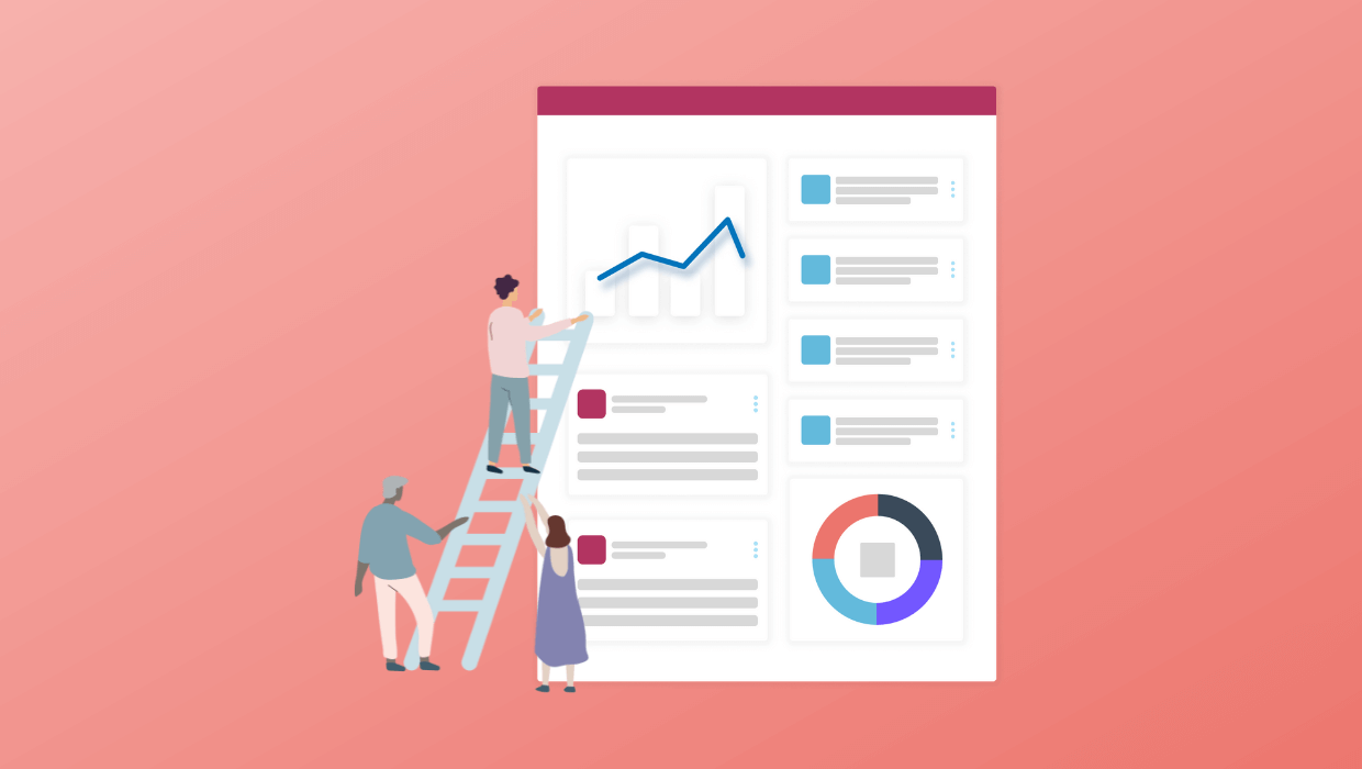 The Step-by-Step Guide to Scoir for Enrollment Marketing Teams - illustration of two college admissions staff interacting with Scoir insights dashboards