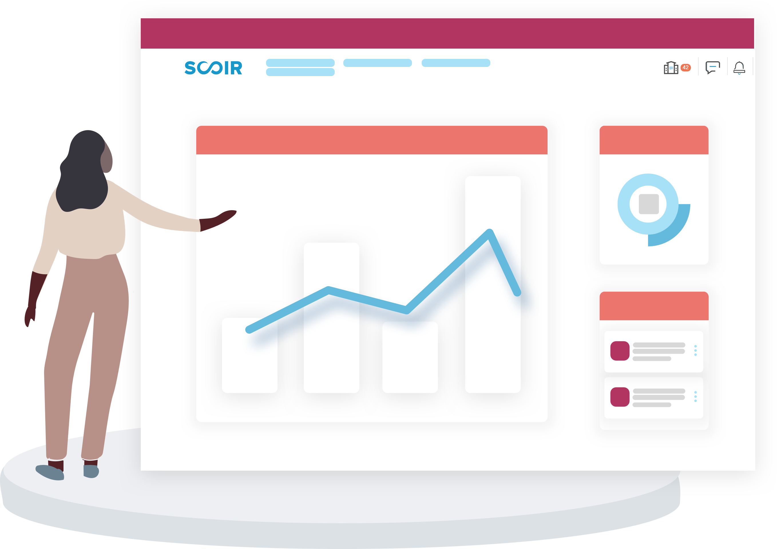 illustration of person interacting with Scoir Insights Dashboard tables and graphs